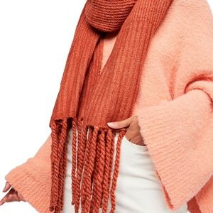 Free People Jaden Ribbed Fringe Blanket Scarf in Rust Orange